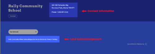 A website's footer with contact information and a land acknowledgement pointed out with arrows.