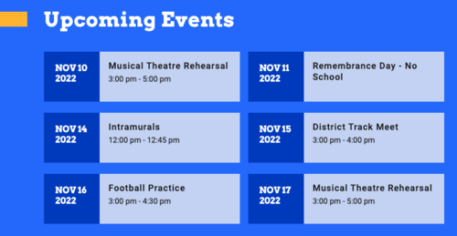the upcoming events for a school website.