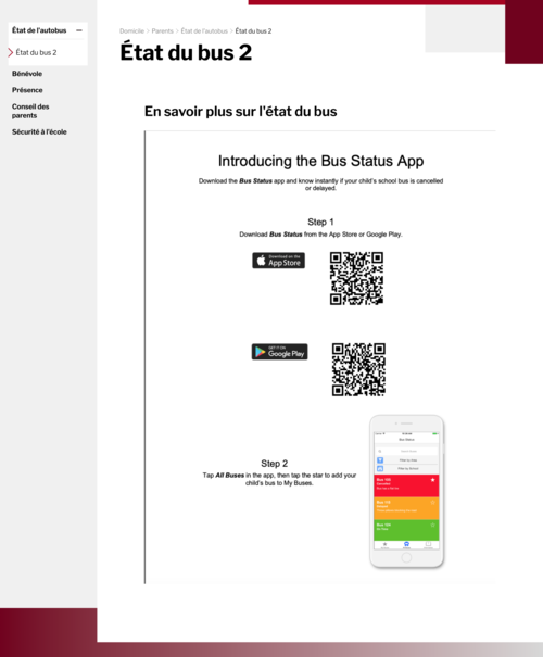 A sample webapge that has been translated into French. There's an embedded PDF about the Bus Status app that has text in it and wasn't translated with the rest of the page's text.