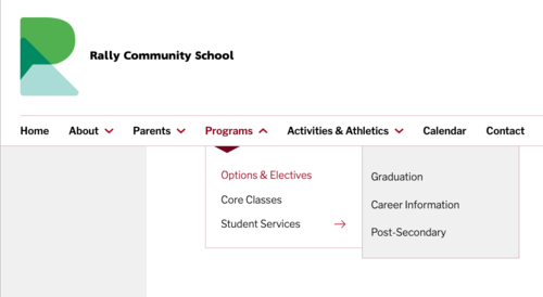 The menu of a sample school website, with second and third levels showing. The menu incldues About, Programs, Parents, Activities & Athletics. The Expanded menu is for Programs, with secondary pages being Options & elective, Core classes, and Student Serv
