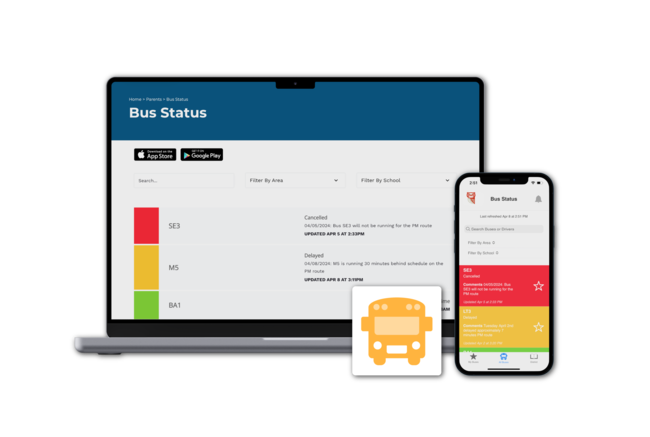 A computer screen and mobile phone with the bus status logo in front. The computer screen shows the bus status widget, which has a bus cancelled, one delayed, and the rest on time. The phone shows the same view.