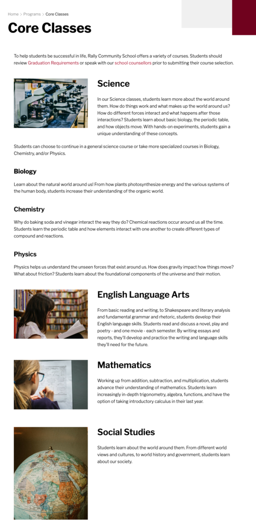 A sample webpage from a school website called, "Core Classes." There's headings for "Science," "English Arts," "Mathematics," and "Social Studies" and second level headings for "Biology," "Chemistry," and "Physics."