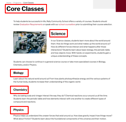 A sample webpage from a school website called, "Core Classes." There's headings for "Science," "English Arts," "Mathematics," and "Social Studies" and second level headings for "Biology," "Chemistry," and "Physics." Red boxes around the headers. 