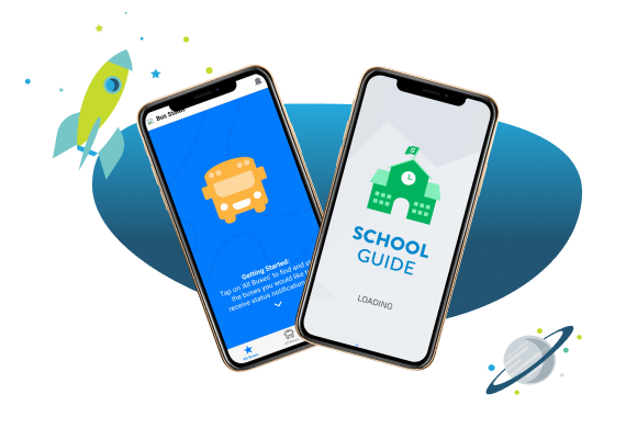 Two phones, one with the Bus Status app and one with the SchoolGuide App. SD6's branding is in the background.