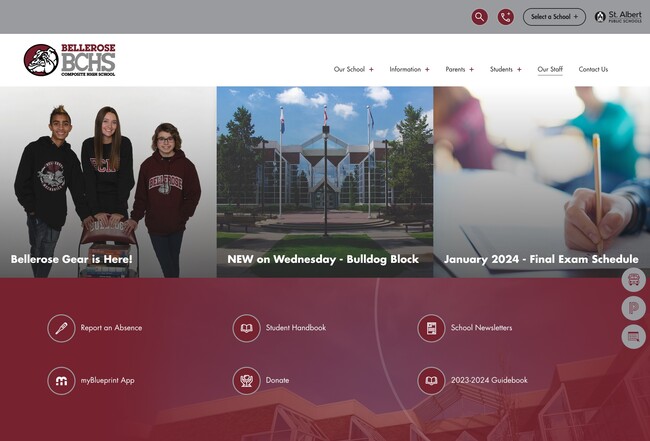 The Bellerose website, which shares the three banner images at the top with the district website.