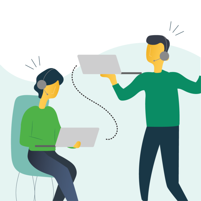 A man and a woman are both on laptops and wearing headsets. They're connected with a dotted line.