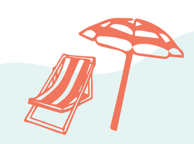 A beach chair and umbrella in the Rally orange against a light blue background.